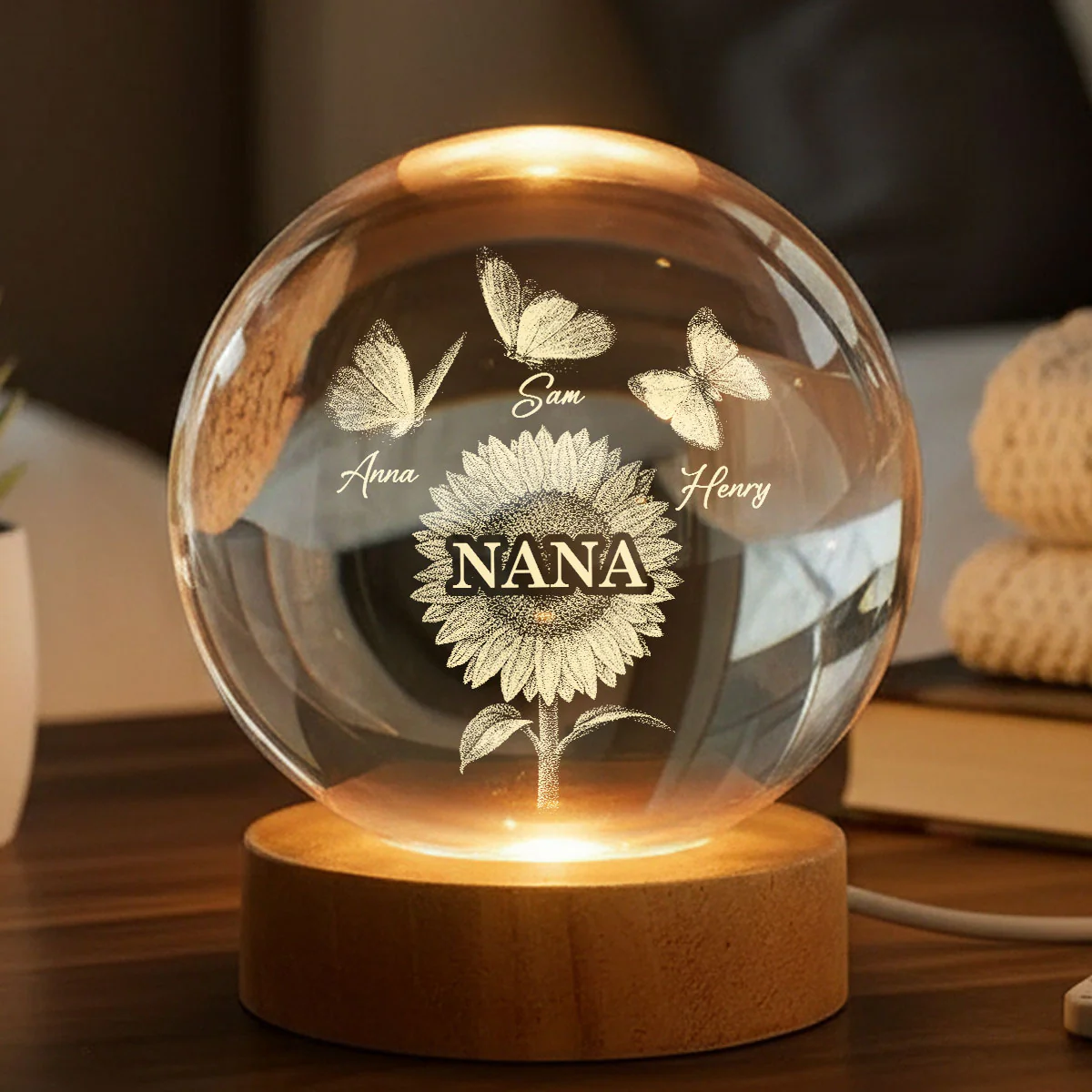 Sunflower Grandma Grandkids - Personalized Crystal Ball LED Night Light - Mother's Day Gift For Grandma - Image 2