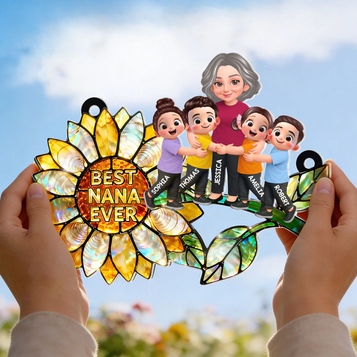 Sunflower Grandma Hugging Grandkids - Personalized Window Hanging Suncatcher - Mother's Day Gift for Mom, Wife - Image 5