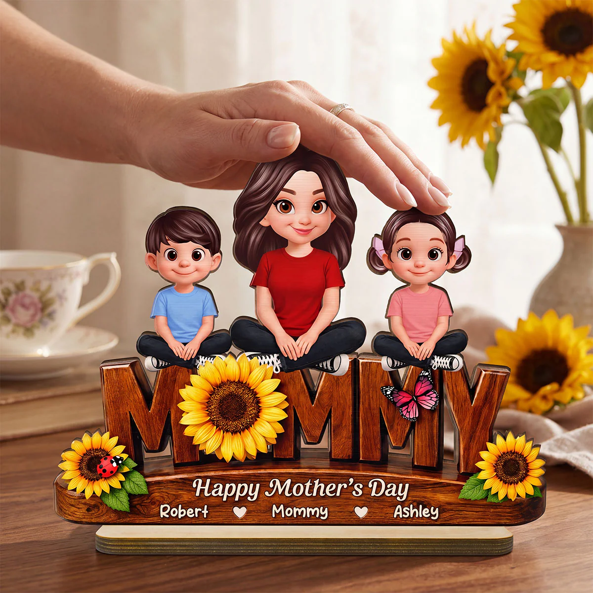 Sunflower Mom And Kids - Personalized 2-Layered Wooden Plaque - Mother's Day Gift For Mom, Wife - Image 4