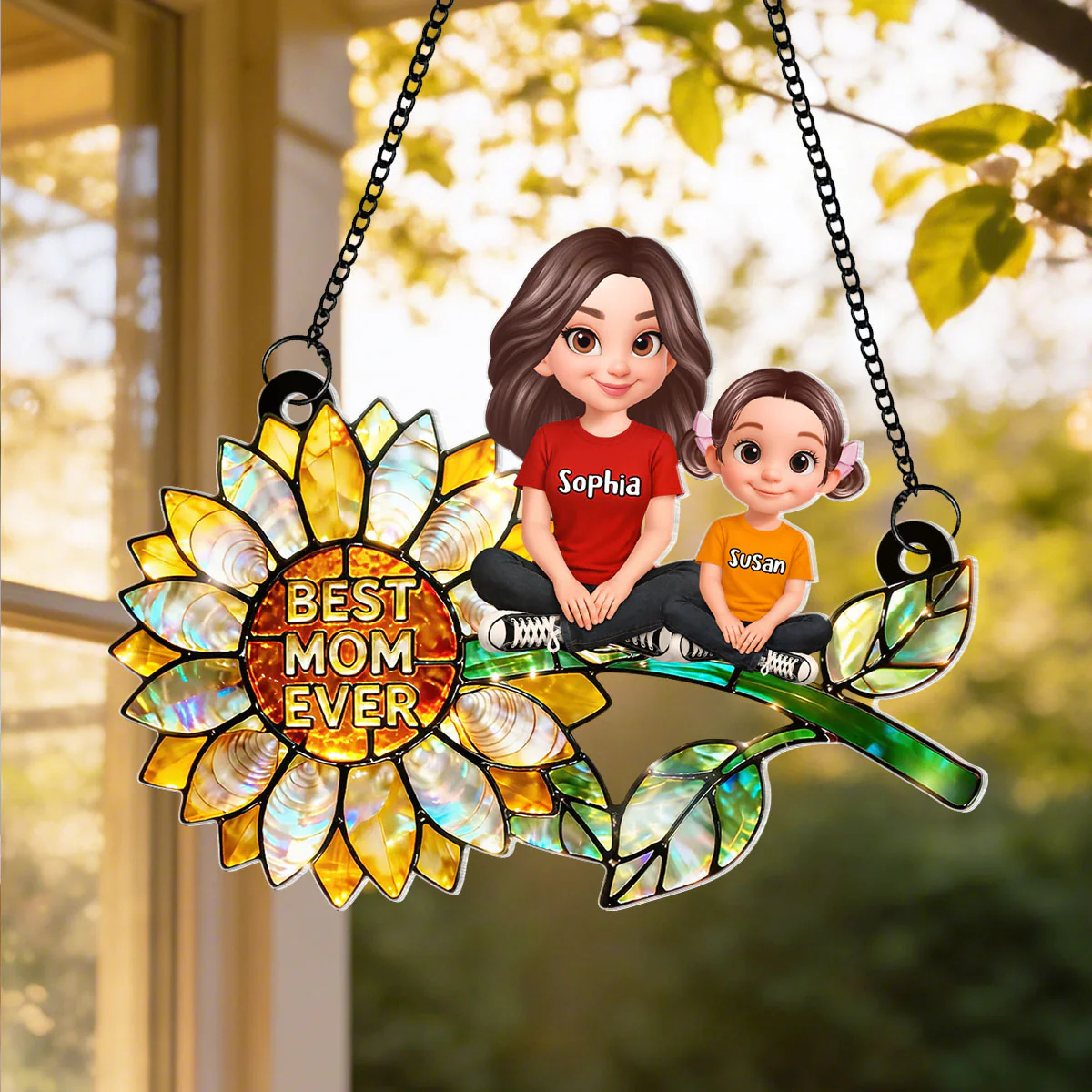 Sunflower Mom and Kids Sitting - Personalized Window Hanging Suncatcher - Mother's Day Gift for Mom, Wife - Image 2