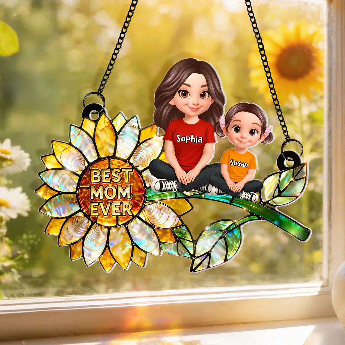 Sunflower Mom and Kids Sitting - Personalized Window Hanging Suncatcher - Mother's Day Gift for Mom, Wife - Image 7
