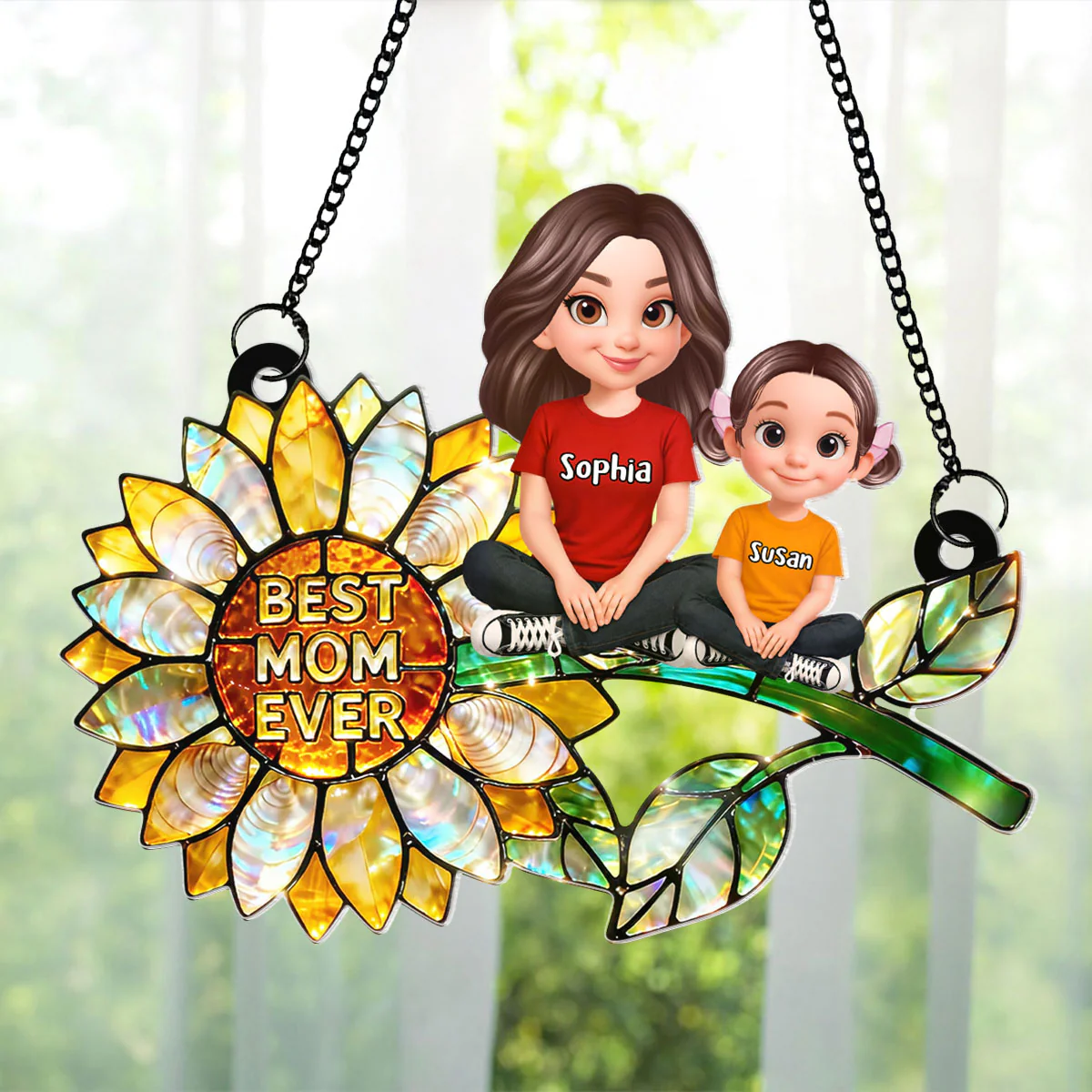 Sunflower Mom Grandma and Grandkids Sitting - Personalized Window Hanging Suncatcher - Mother's Day Gift for Mom, Wife - Image 3