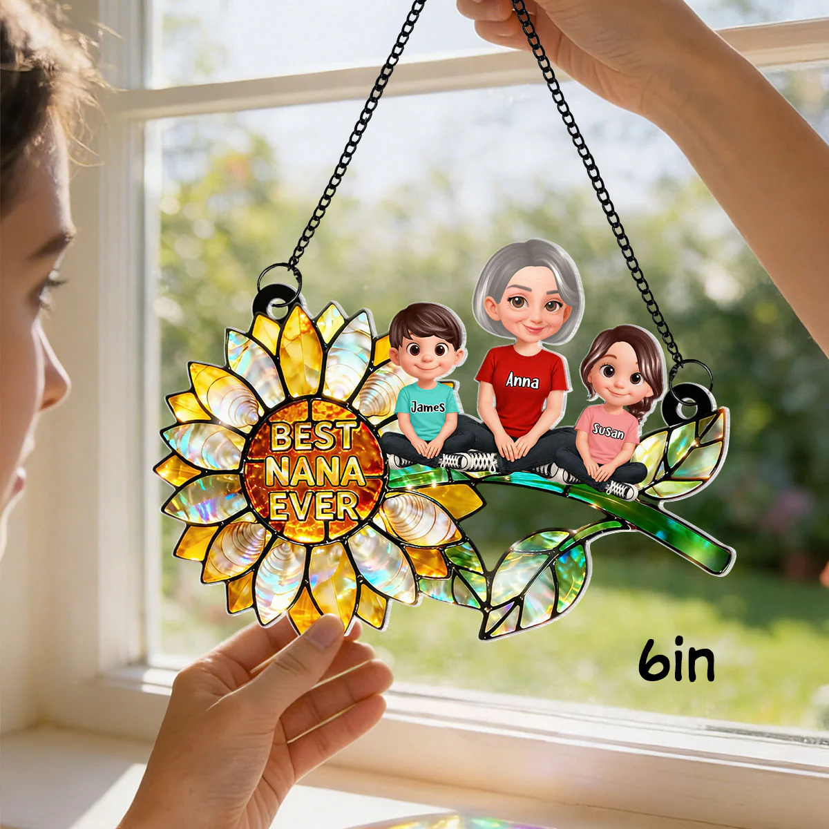 Sunflower Mom Grandma and Grandkids Sitting - Personalized Window Hanging Suncatcher - Mother's Day Gift for Mom, Wife - Image 4