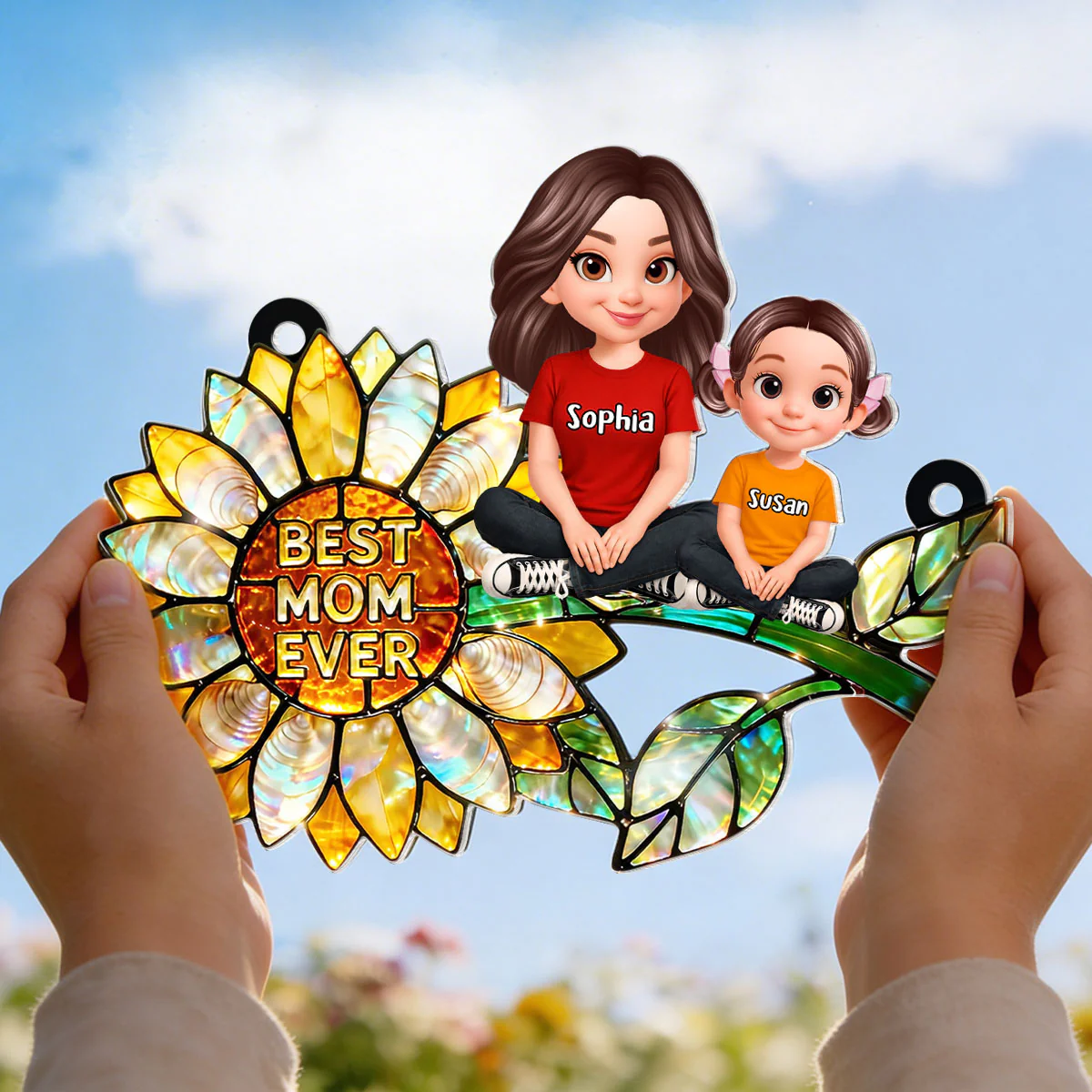 Sunflower Mom Grandma and Grandkids Sitting - Personalized Window Hanging Suncatcher - Mother's Day Gift for Mom, Wife - Image 5
