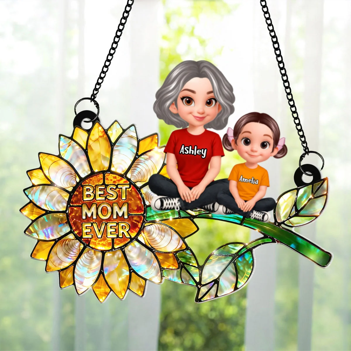 Sunflower Mom Grandma and Grandkids Sitting - Personalized Window Hanging Suncatcher - Mother's Day Gift for Mom, Wife - Image 9