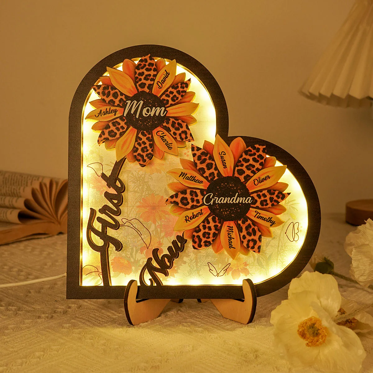 Sunflowers First Mom Now Grandma Personalized Heart 2-Layer Wooden Plaque With LED