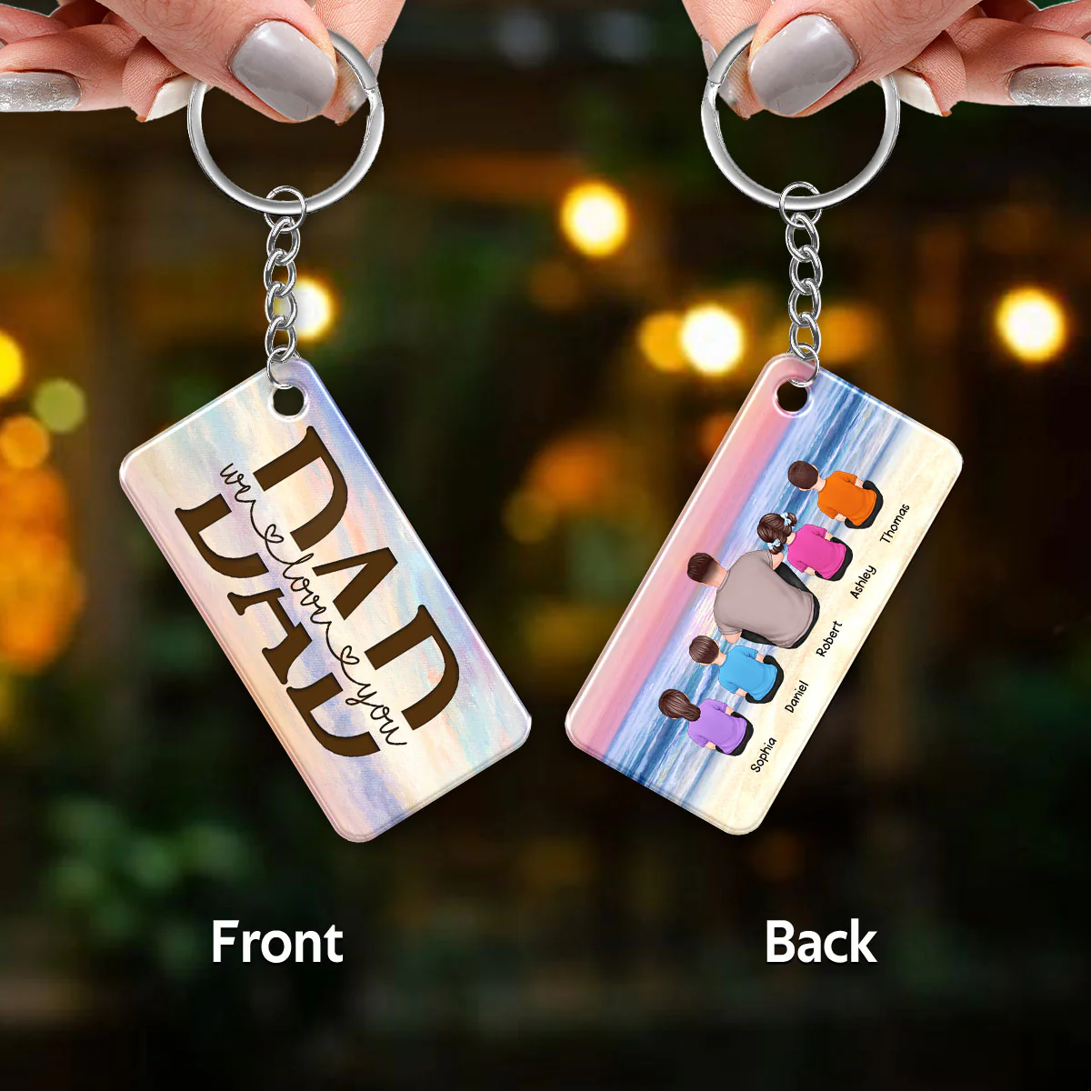 Sunset Beach Landscape Best Dad Ever Back View Man Kids Dog Cat Personalized Acrylic Keychain - Image 2