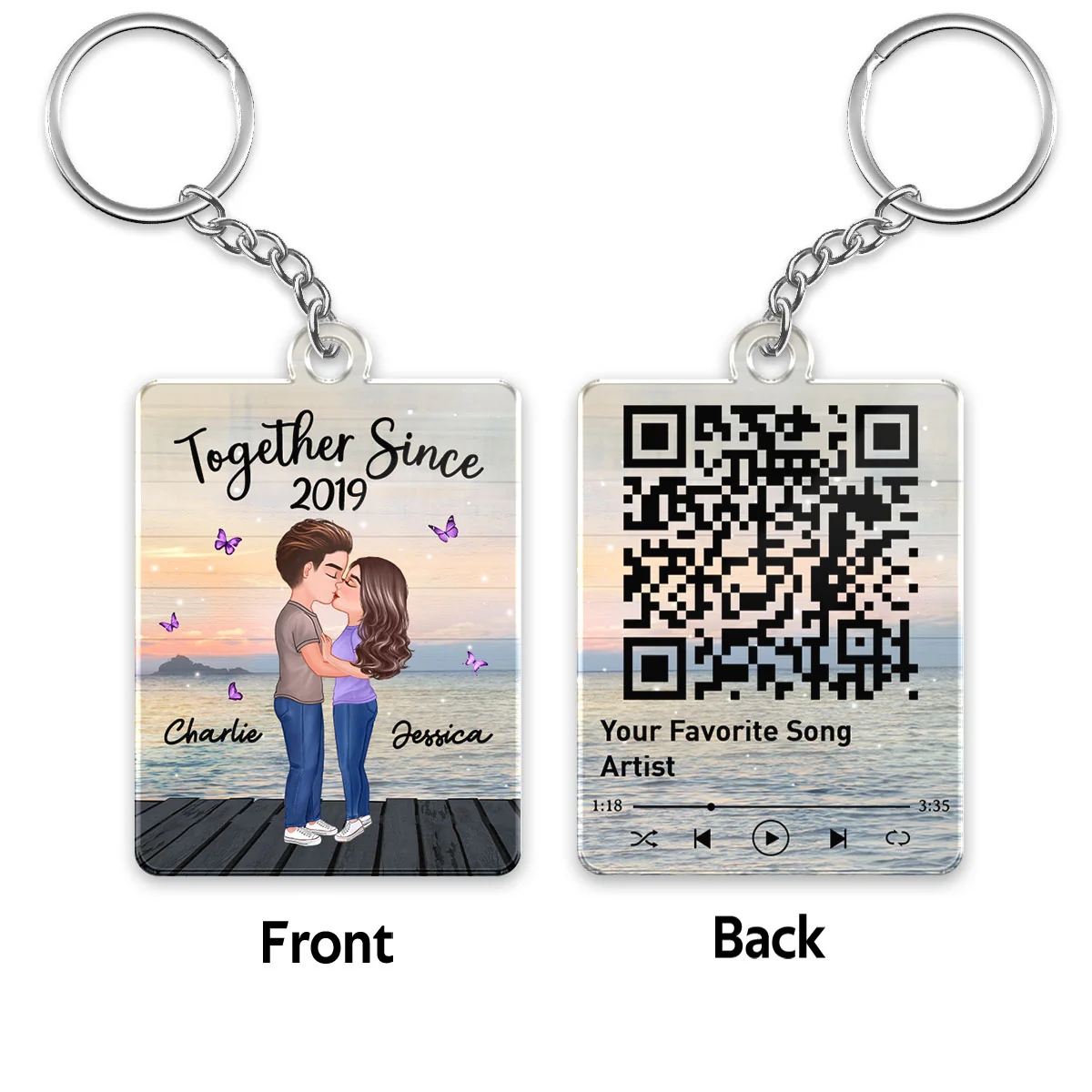 Sunset Lake View Doll Couple Kissing Favorite Song Scannable QR Code Personalized Acrylic Keychain