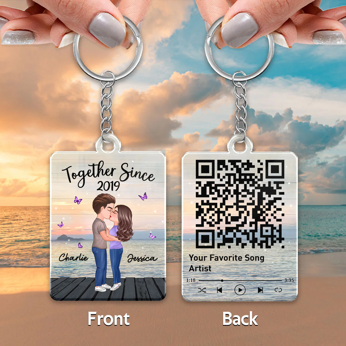 Sunset Lake View Doll Couple Kissing Favorite Song Scannable QR Code Personalized Acrylic Keychain - Image 3