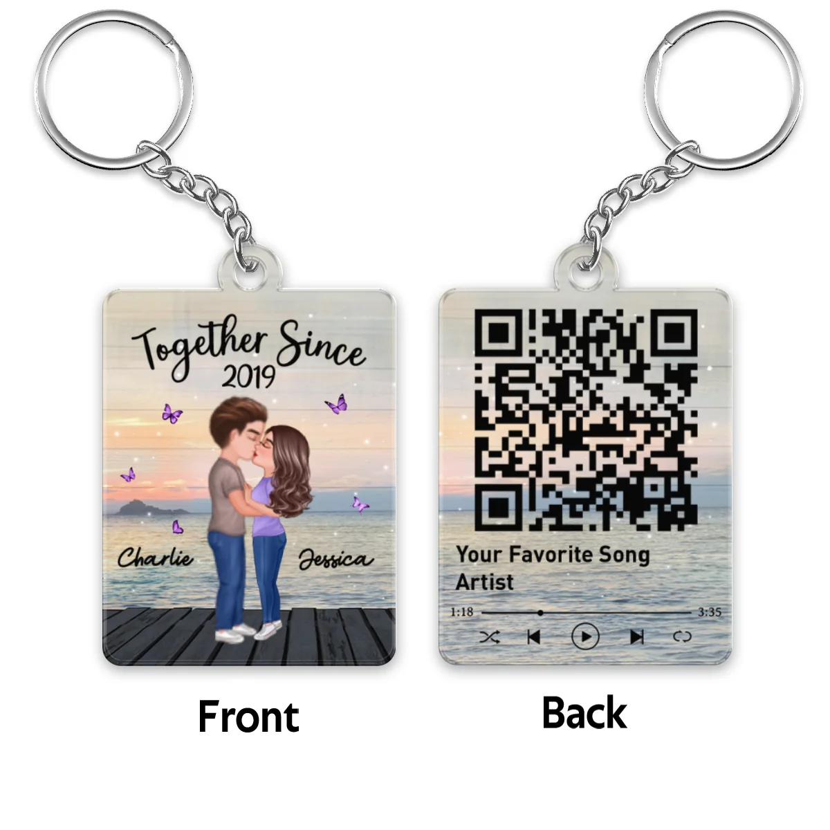 Sunset Lake View Doll Couple Kissing Favorite Song Scannable QR Code Personalized Acrylic Keychain - Image 4
