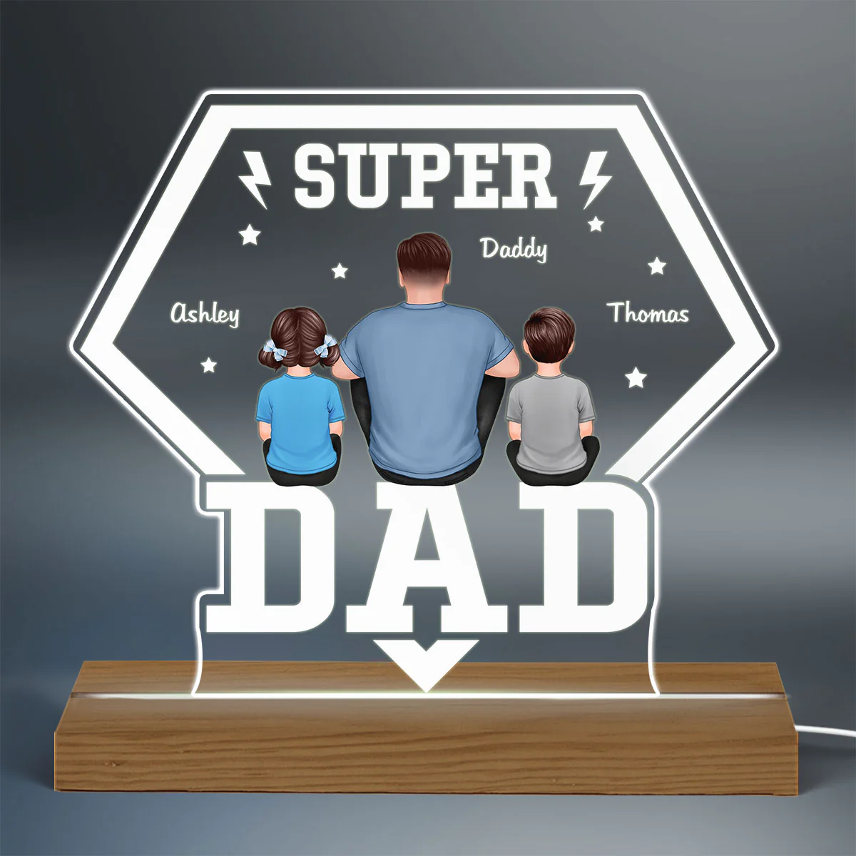 Super Dad And Kids Back View Personalized Custom Shape Acrylic LED Night Light - Image 3