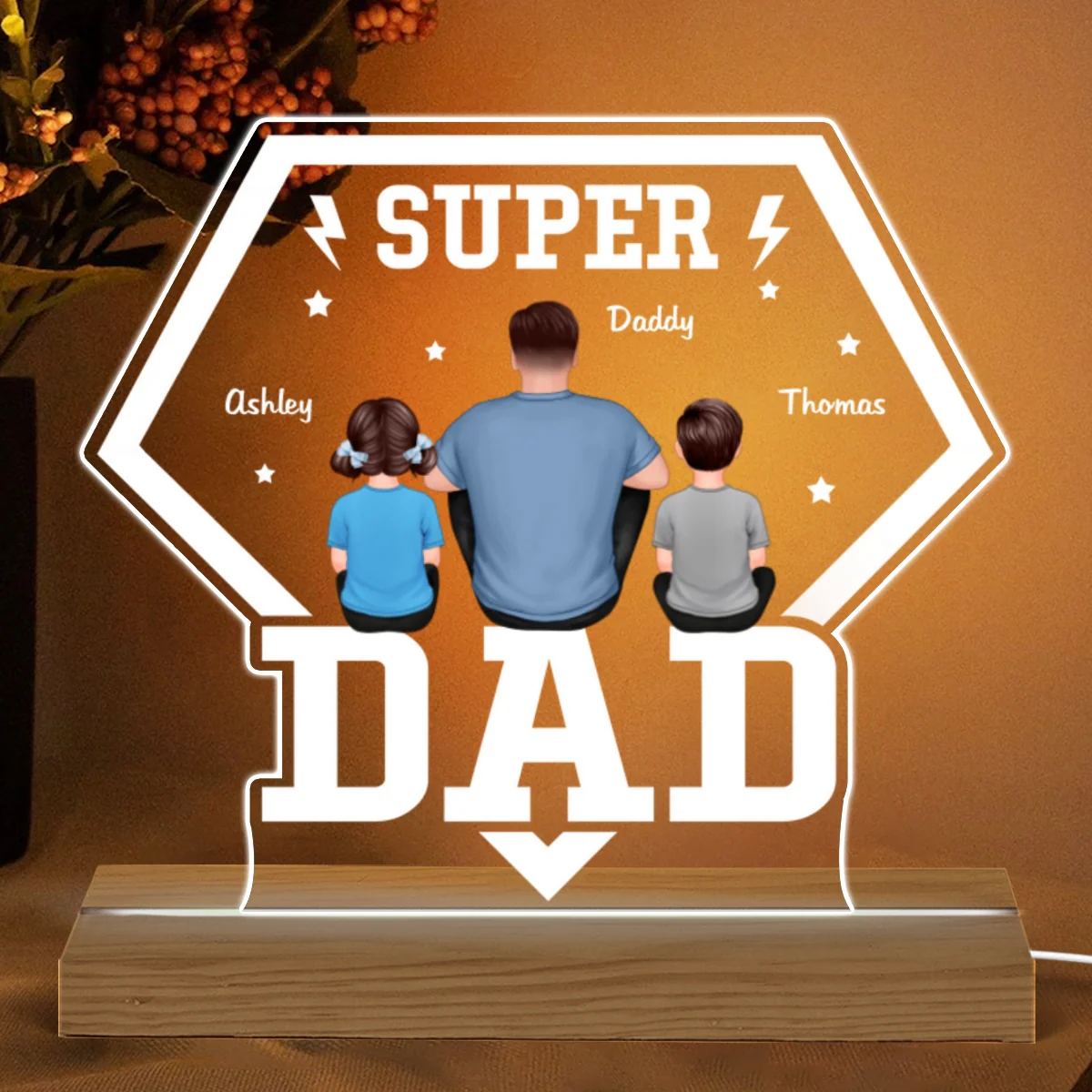 Super Dad And Kids Back View Personalized Custom Shape Acrylic LED Night Light - Image 5