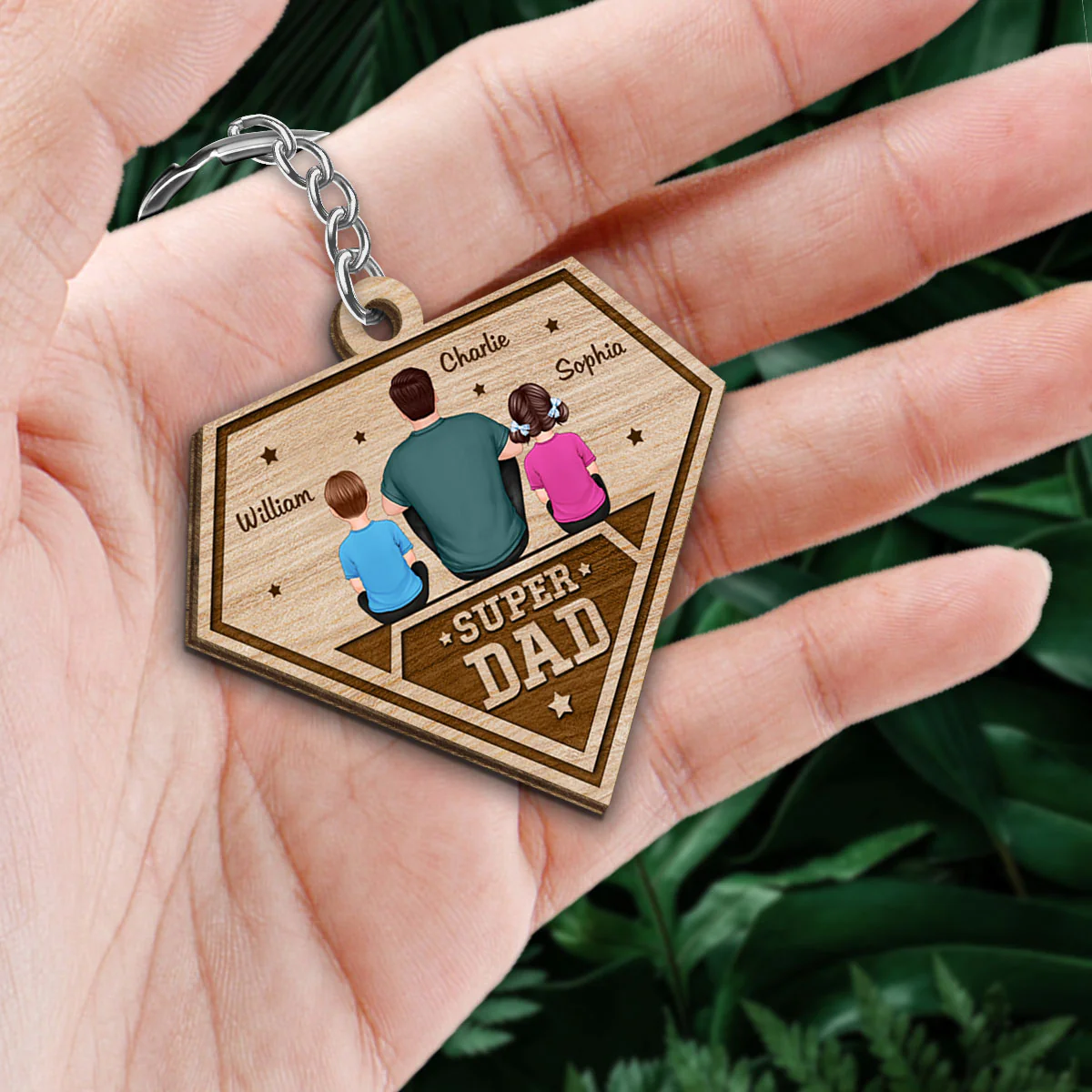 Super Dad Dad And Kids Back View Personalized Wooden Keychain - Image 2