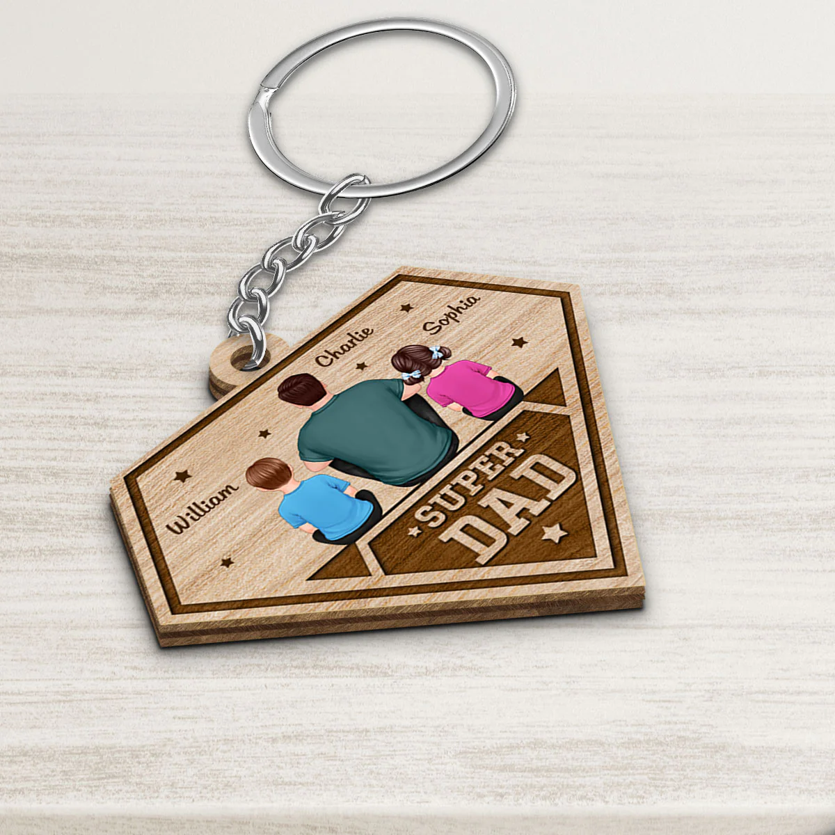 Super Dad Dad And Kids Back View Personalized Wooden Keychain - Image 3