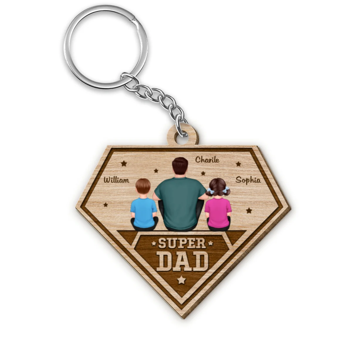 Super Dad Dad And Kids Back View Personalized Wooden Keychain - Image 4