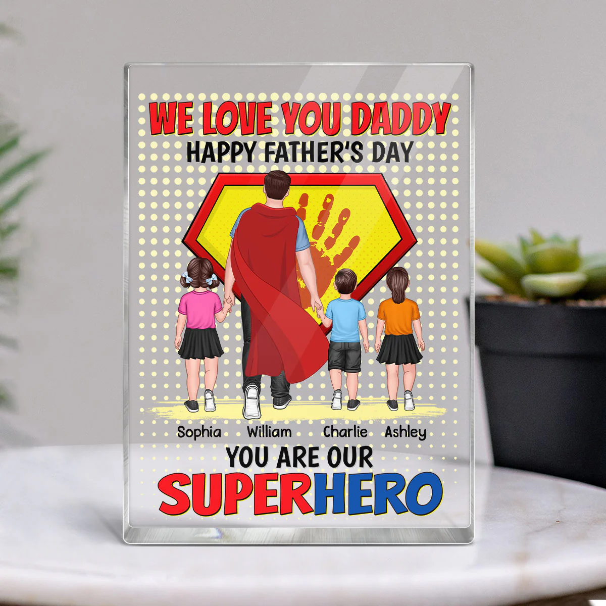 Superhero Dad And Kids Personalized Rectangle Acrylic Block Plaque