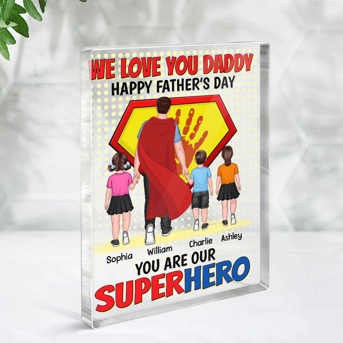 Superhero Dad And Kids Personalized Rectangle Acrylic Block Plaque - Image 3