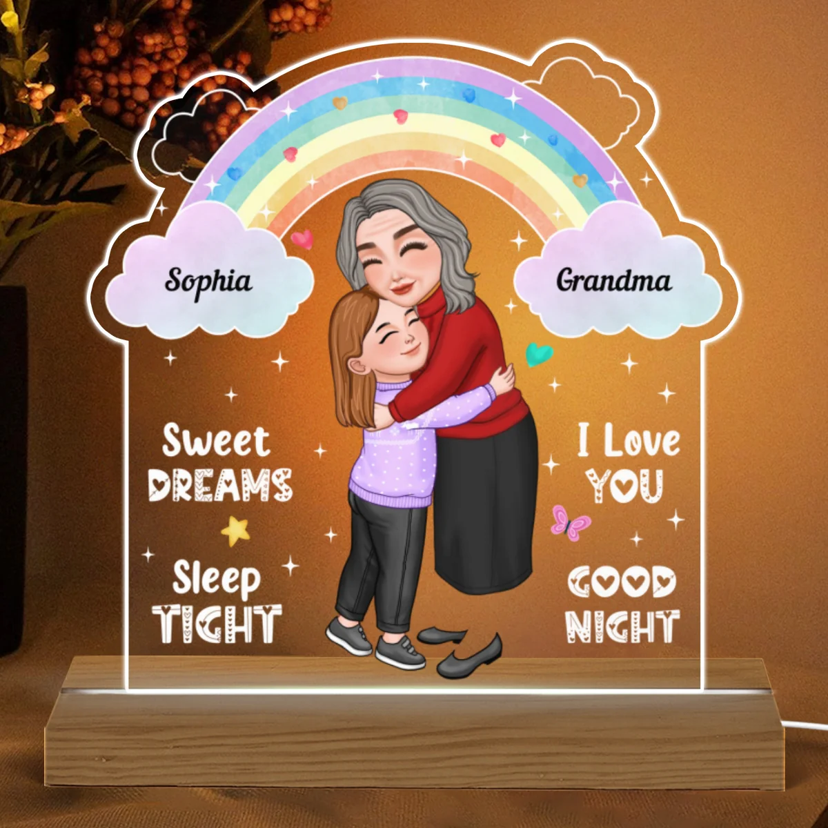 Sweet Dreams Sleep Tight Grandma Mom Hugging Little Girl Personalized Acrylic Plaque With LED Night Light - Image 5