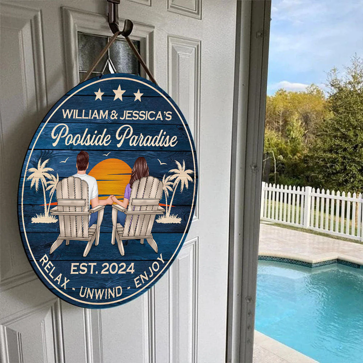 Swimming Pool Zone Decor Couple Sitting Personalized Wood Sign, Housewarming Anniversary Gift For Him, Her - Image 3