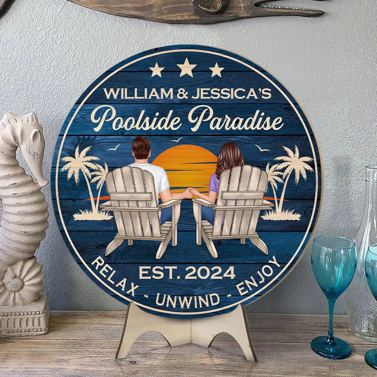 Swimming Pool Zone Decor Couple Sitting Personalized Wood Sign, Housewarming Anniversary Gift For Him, Her - Image 6