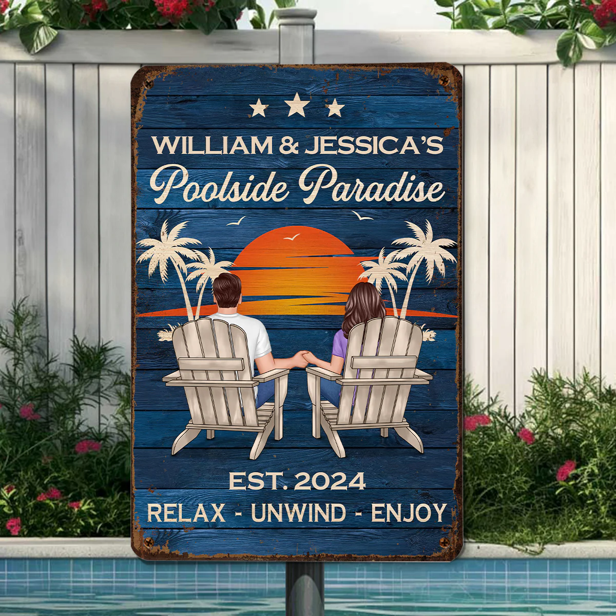 Swimming Pool Zone Decor Couple Sitting Personalized Metal Sign - Image 2