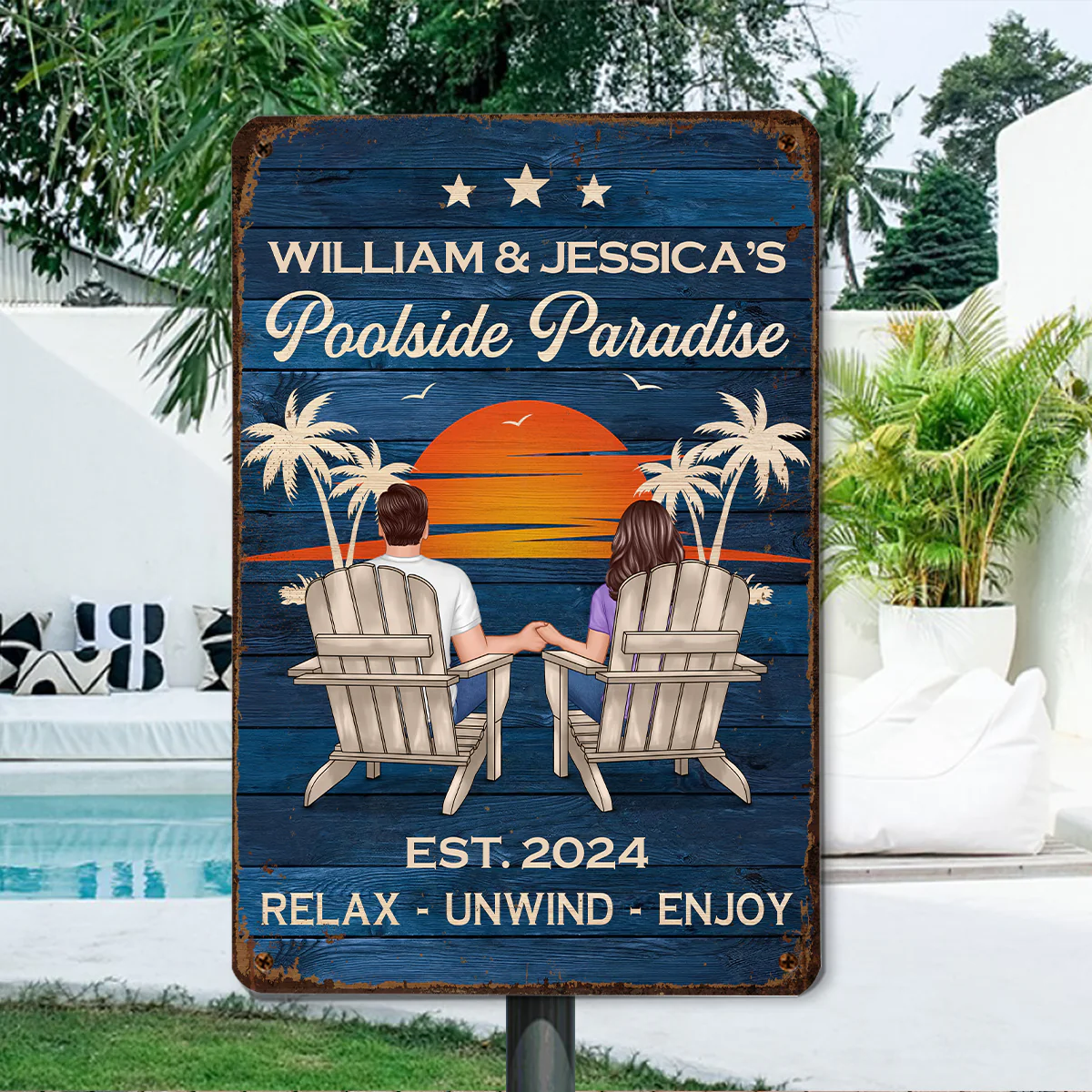 Swimming Pool Zone Decor Couple Sitting Personalized Metal Sign - Image 3