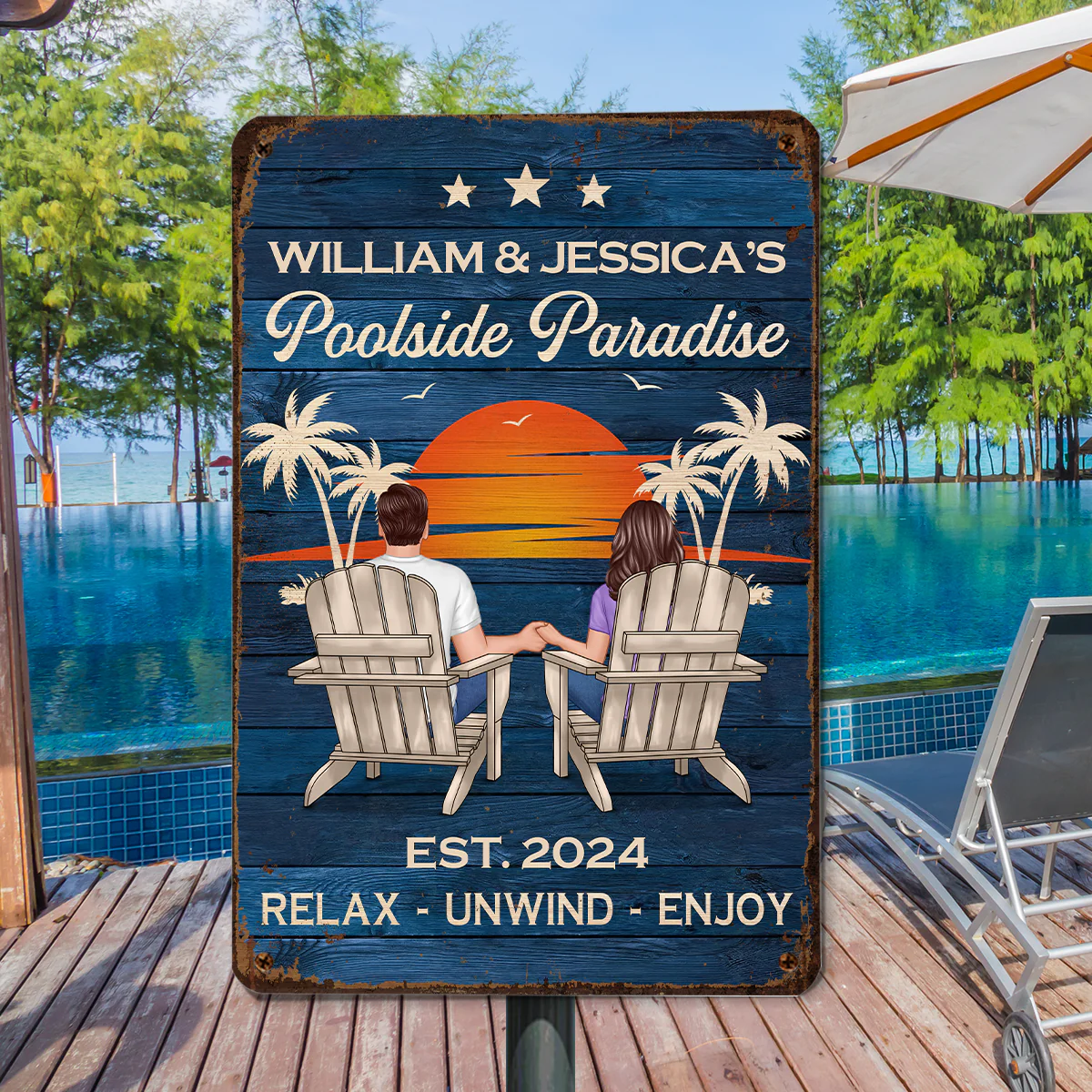 Swimming Pool Zone Decor Couple Sitting Personalized Metal Sign - Image 4