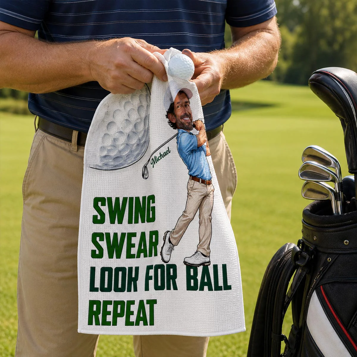 Swing Swear Look For Ball Repeat Funny Golfer Caricature Style Custom Photo - Personalized Golf Towel - Father's Day Gift For Golfers - Image 4