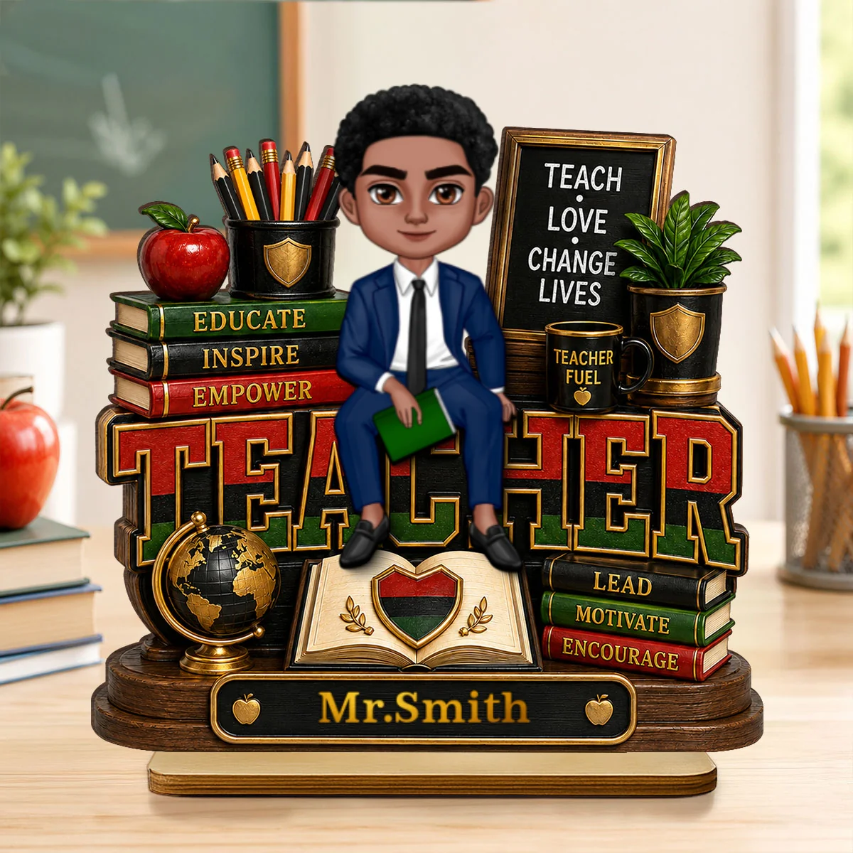 Teach Love Changes Life - Personalized 2-Layered Wooden Plaque - African American Male Teacher Appreciation Gift - Image 10