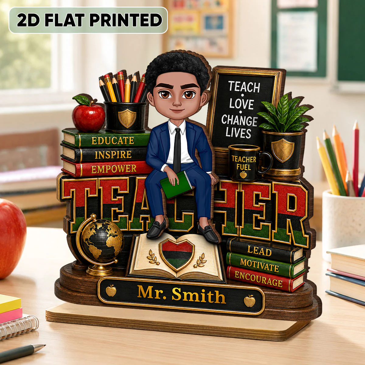 Teach Love Changes Life - Personalized 2-Layered Wooden Plaque - African American Male Teacher Appreciation Gift - Image 2