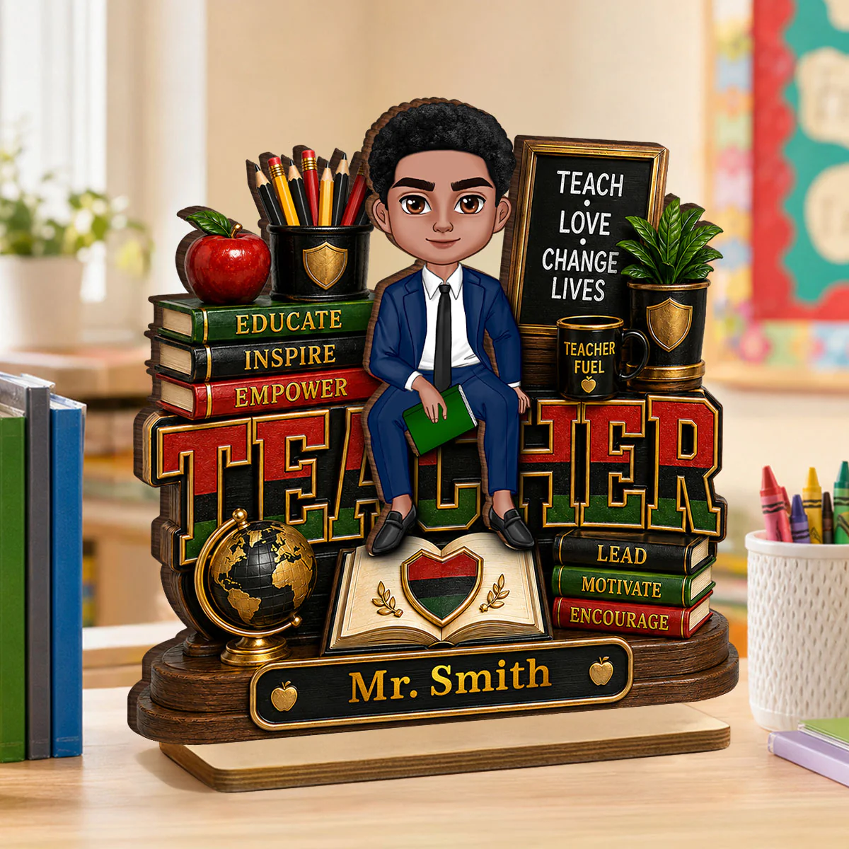 Teach Love Changes Life - Personalized 2-Layered Wooden Plaque - African American Male Teacher Appreciation Gift - Image 3