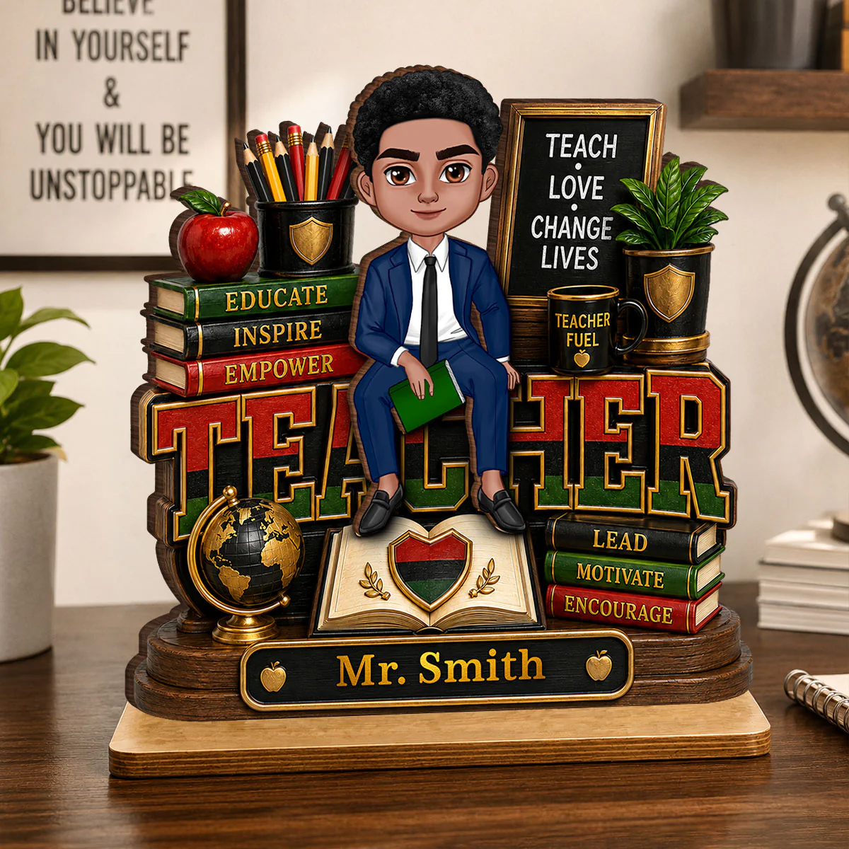 Teach Love Changes Life - Personalized 2-Layered Wooden Plaque - African American Male Teacher Appreciation Gift - Image 5