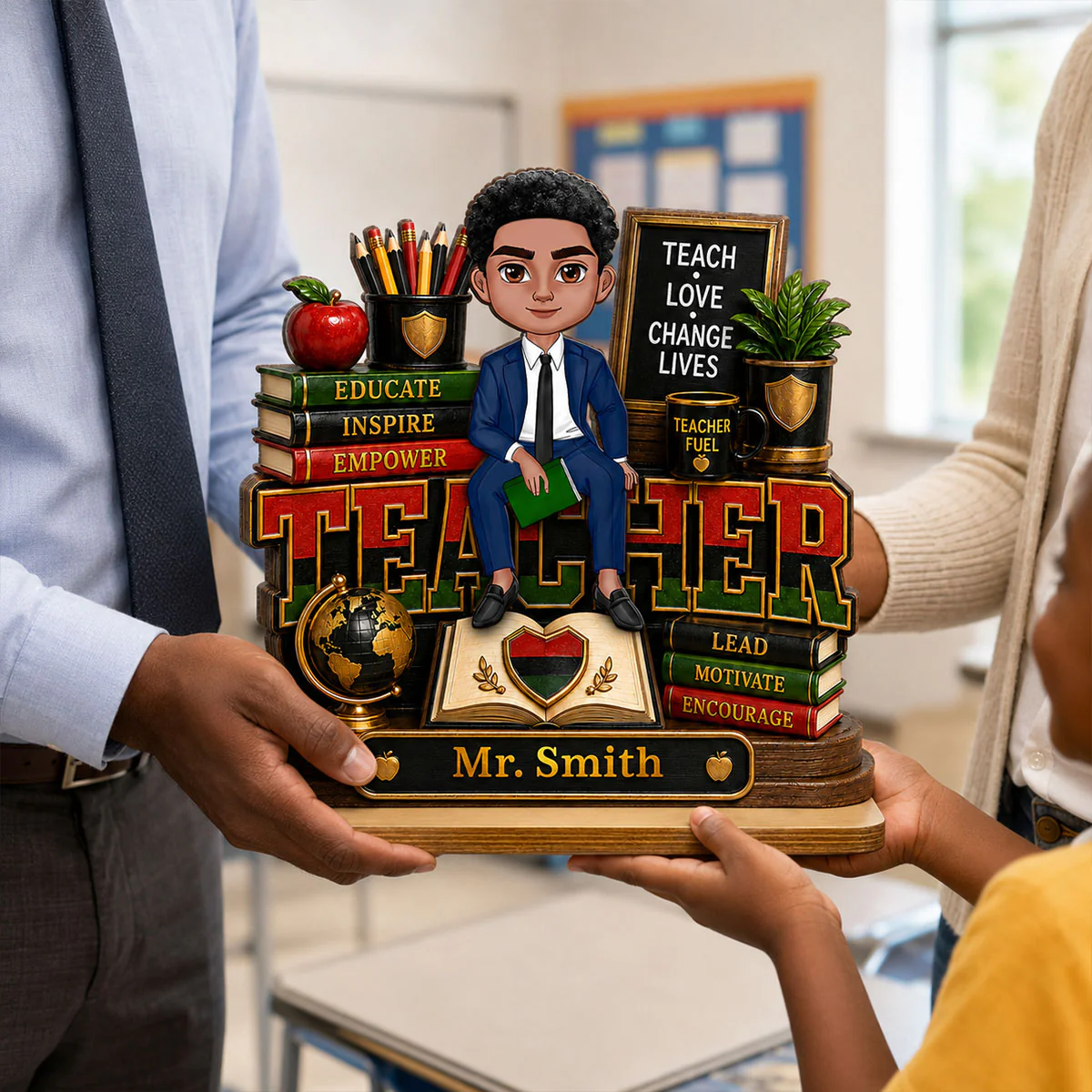 Teach Love Changes Life - Personalized 2-Layered Wooden Plaque - African American Male Teacher Appreciation Gift - Image 6