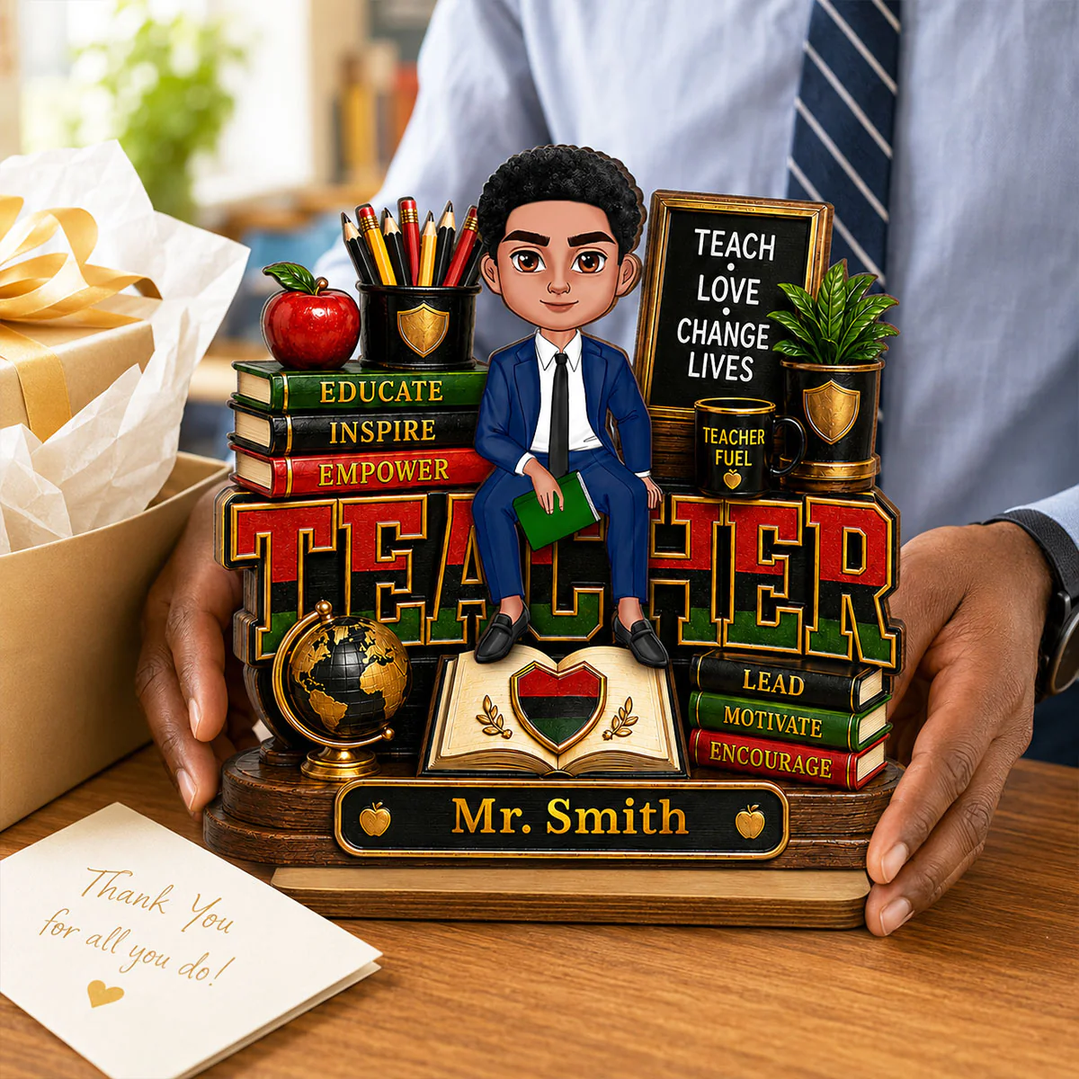 Teach Love Changes Life - Personalized 2-Layered Wooden Plaque - African American Male Teacher Appreciation Gift - Image 7