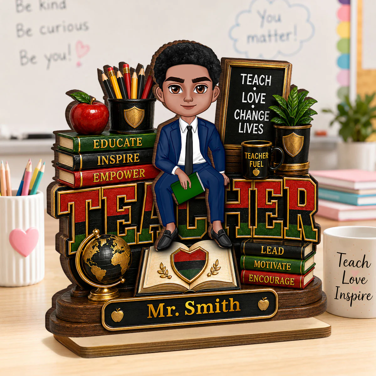 Teach Love Changes Life - Personalized 2-Layered Wooden Plaque - African American Male Teacher Appreciation Gift - Image 8