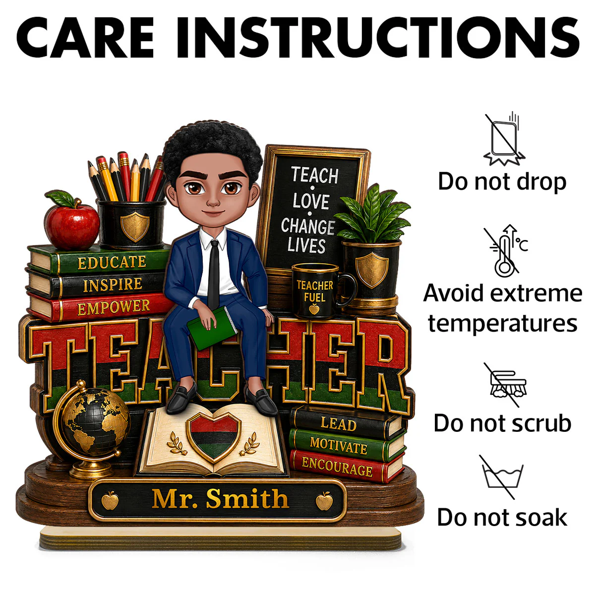 Teach Love Changes Life - Personalized 2-Layered Wooden Plaque - African American Male Teacher Appreciation Gift - Image 9