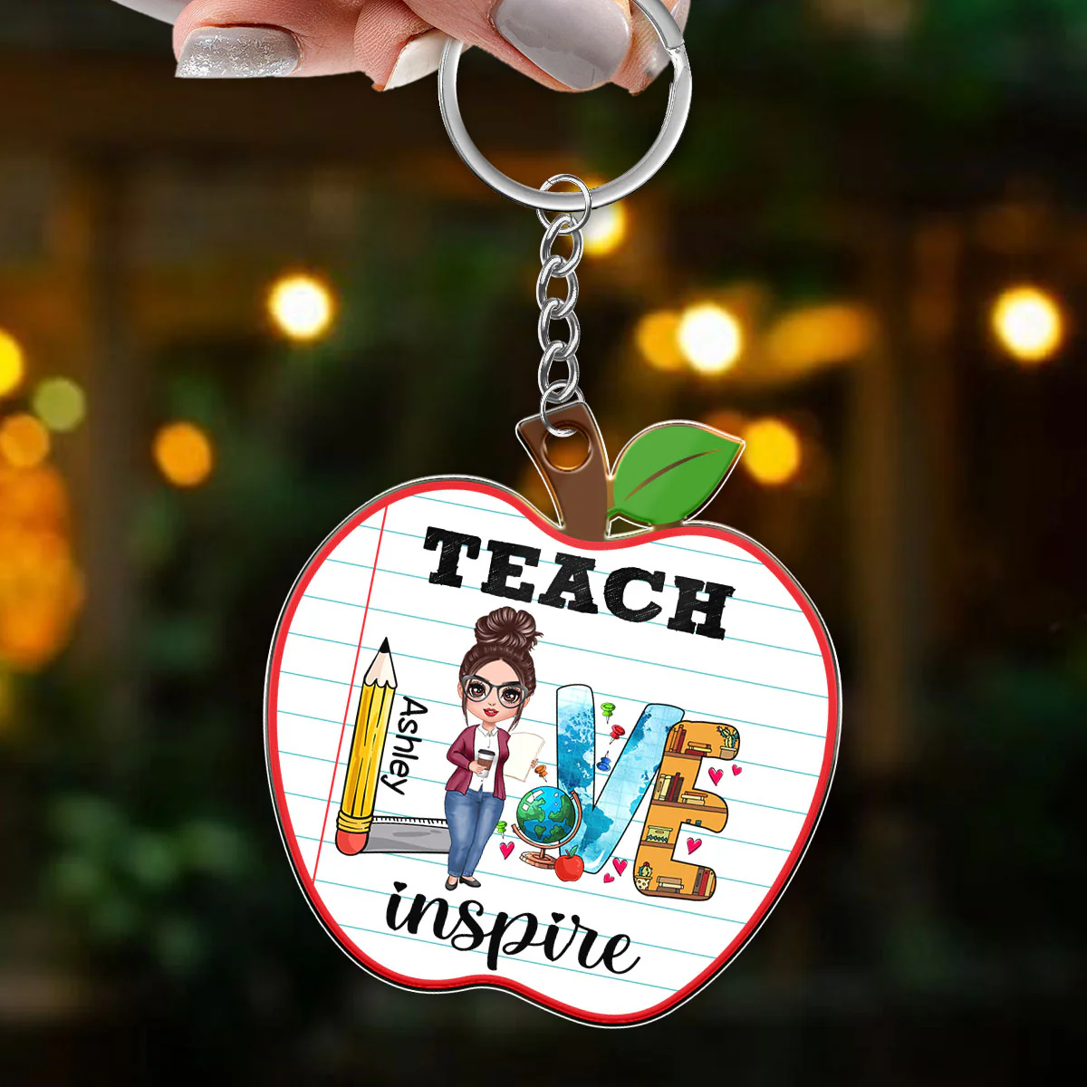 Teach Love Inspire Doll Teacher Personalized Apple Shaped Acrylic Keychain - Image 3