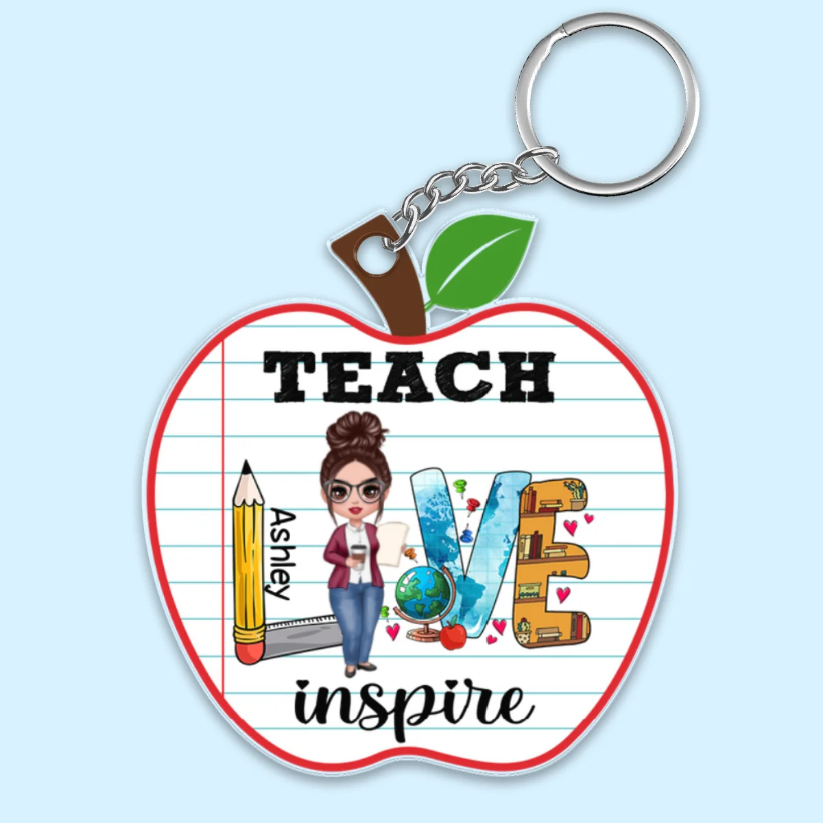 Teach Love Inspire Doll Teacher Personalized Apple Shaped Acrylic Keychain - Image 4