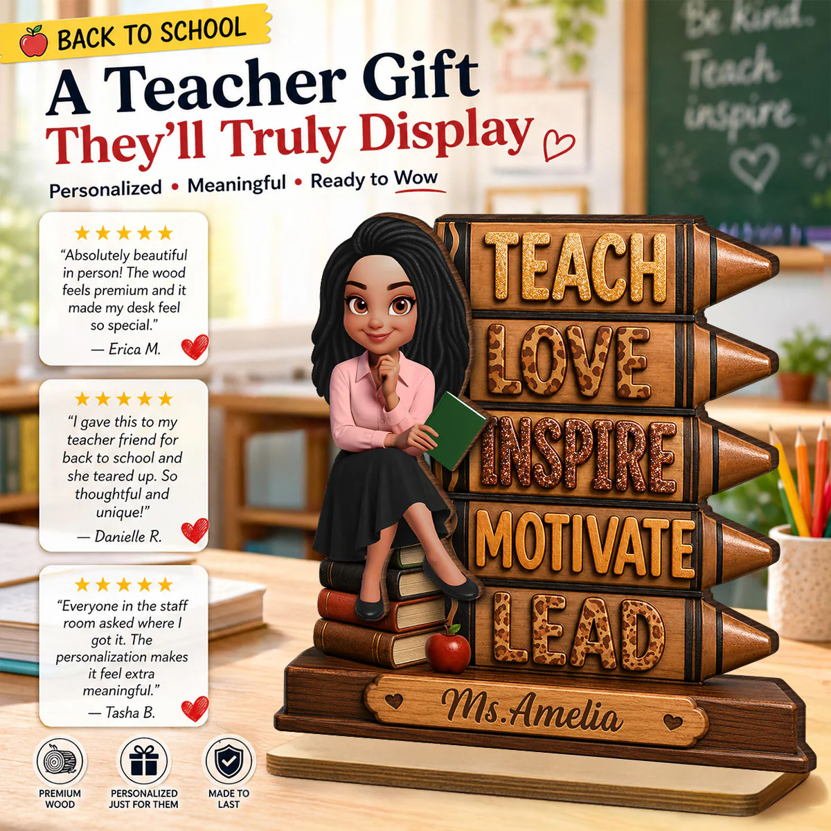 Teach Love Inspire Motivate Lead - Personalized 2-Layered Wooden Plaque - Back to School Gift for Teachers - Image 7