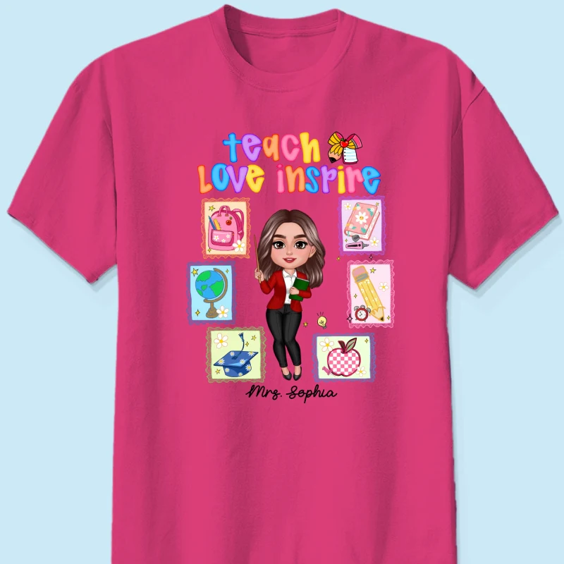 Teach Love Inspire Preppy School Thing Stamp Teacher Personalized Shirt, Back to School - Image 11