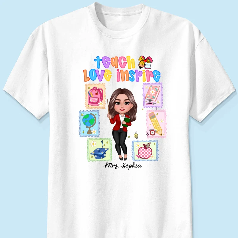 Teach Love Inspire Preppy School Thing Stamp Teacher Personalized Shirt, Back to School - Image 12
