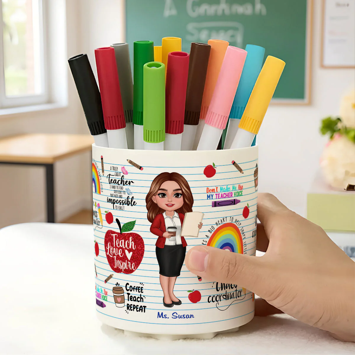 Teach Love Inspire Personalized Rotating Pen Holder, Back to School Gift for Teachers - Image 5