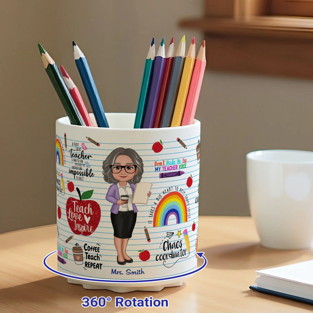 Teach Love Inspire Personalized Rotating Pen Holder, Back to School Gift for Teachers - Image 6