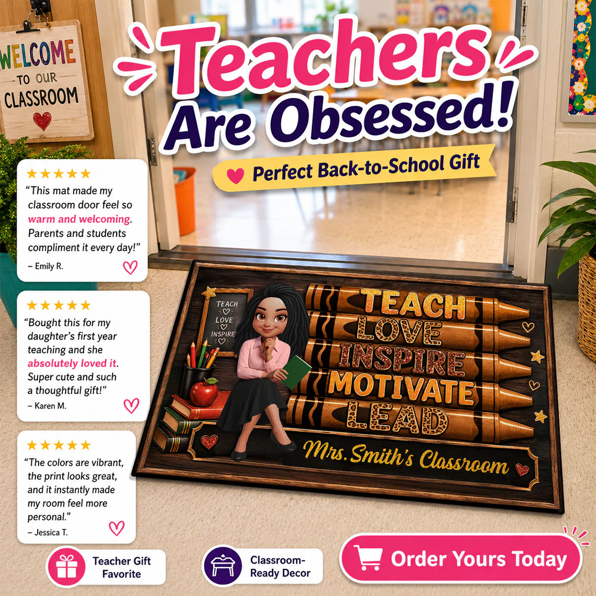 Teach Love Inspire Teacher - Personalized Doormat - Back to School Decor for Teachers - Image 9