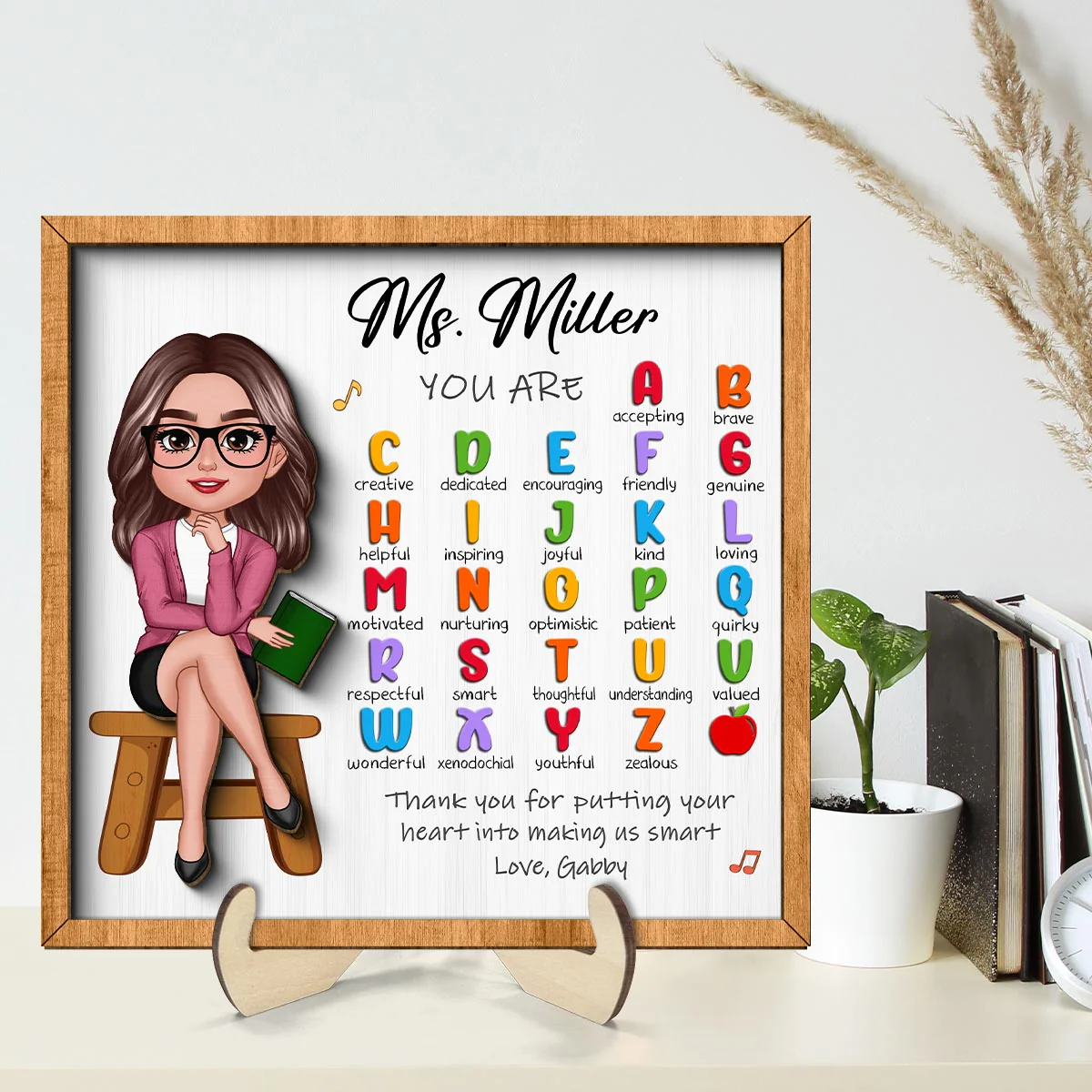 Teacher Appreciation Gift Thank You Alphabet Characteristics Teacher Sitting Personalized 2-Layer Wooden Plaque - Image 2