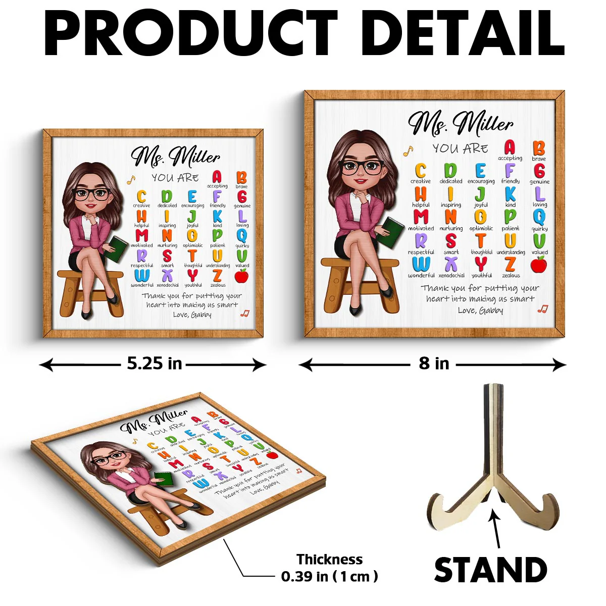 Teacher Appreciation Gift Thank You Alphabet Characteristics Teacher Sitting Personalized 2-Layer Wooden Plaque - Image 6