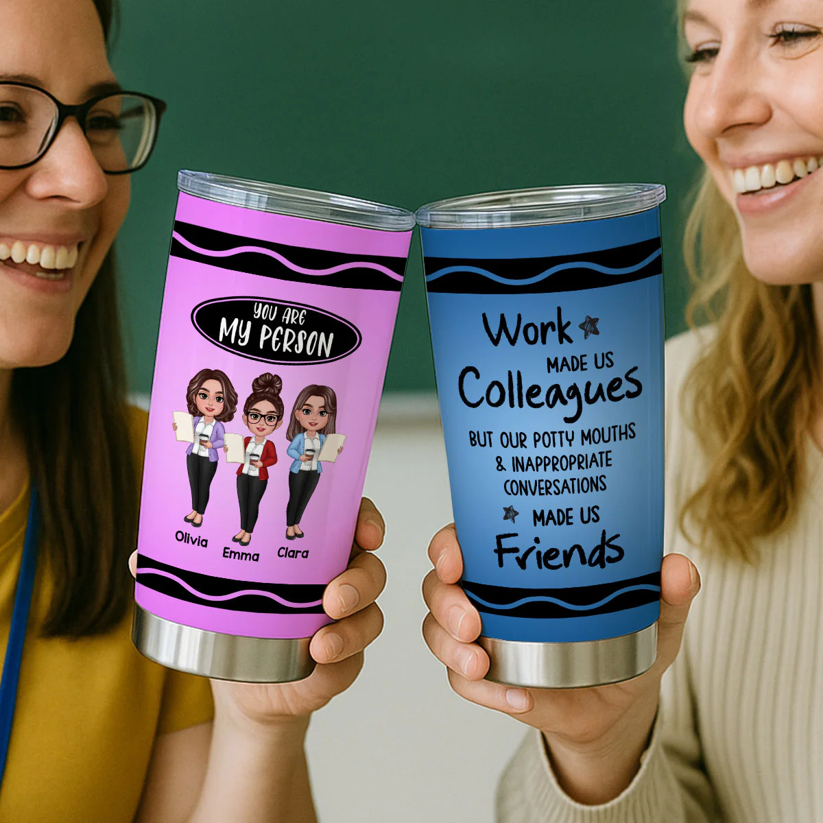 Teacher Besties Colleagues Crayon Personalized Tumbler, Back To School Gift For Besties Teacher - Image 9