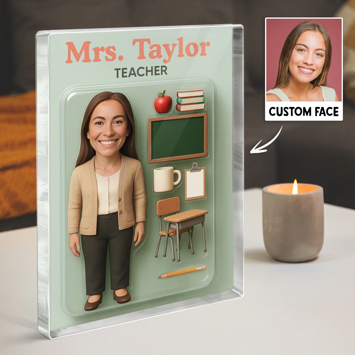 3D Effect Teacher Cartoon Style Custom Figure Personalized Flat Rectangle Acrylic Block, Gift For Teacher - Image 2