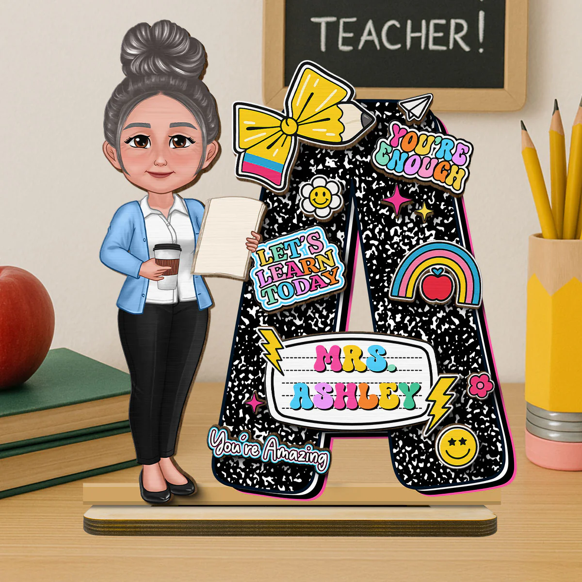 Teacher Composition Book Pattern Letter Personalized 2-Layer Standing Wooden Plaque, Back To School Gift - Image 2
