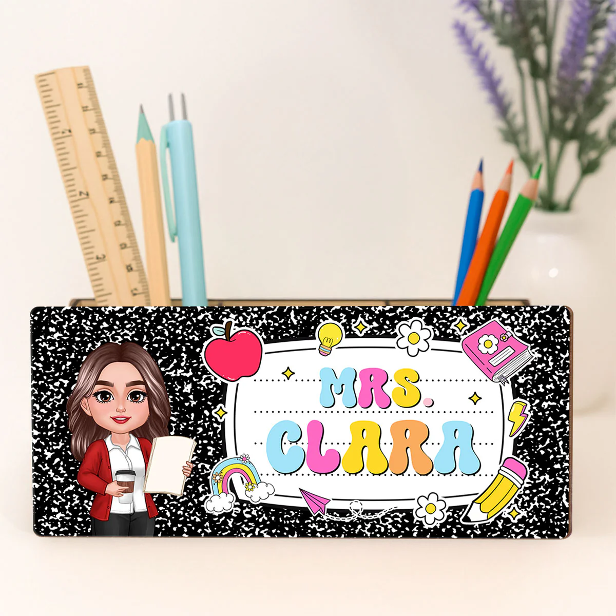 Teacher Composition Book Pattern Personalized Pencil Holder, Back To School Gift - Image 3